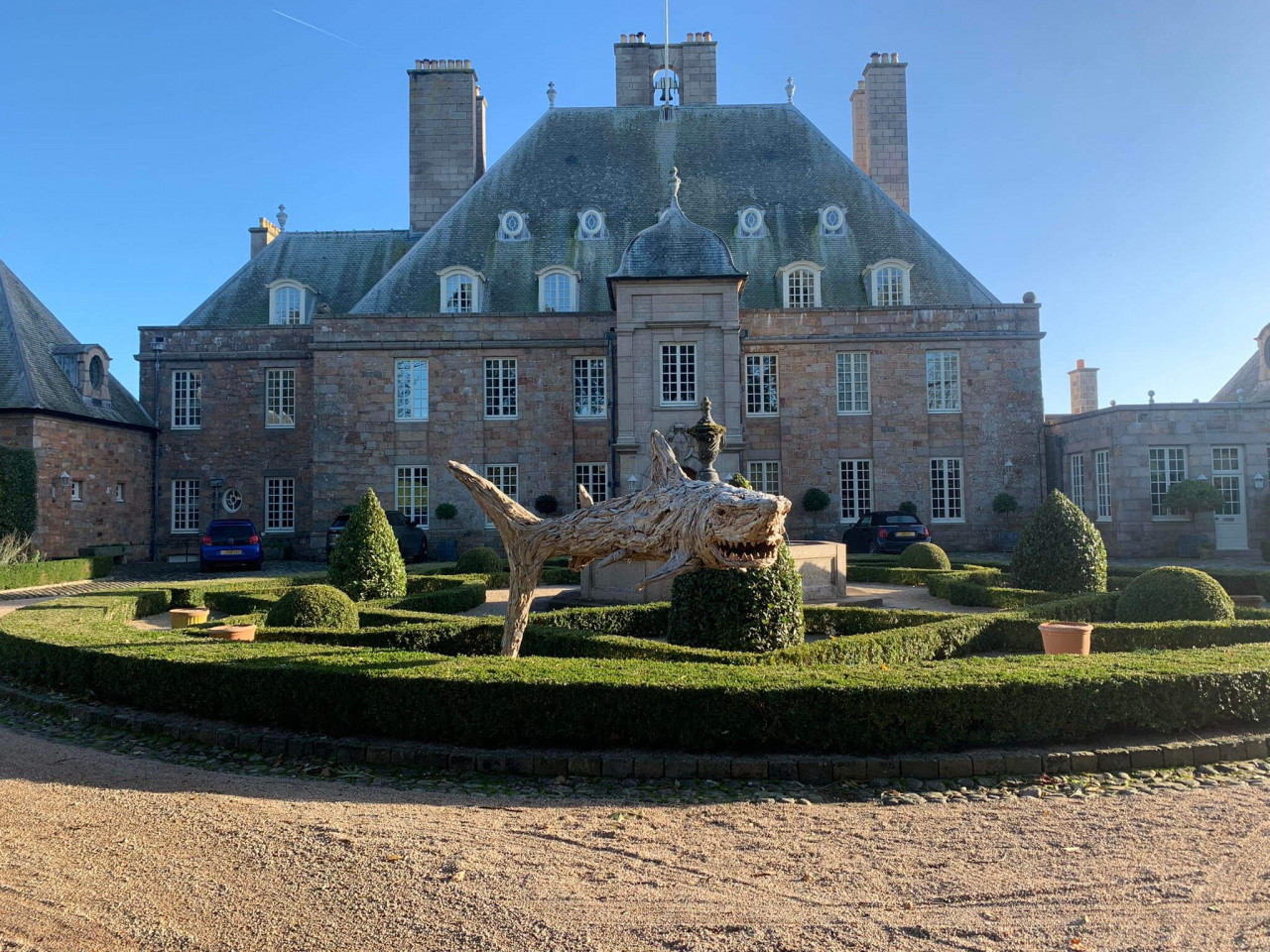 Signor Tibor the shark welcomes visitors to Trinity Manor, Jersey.