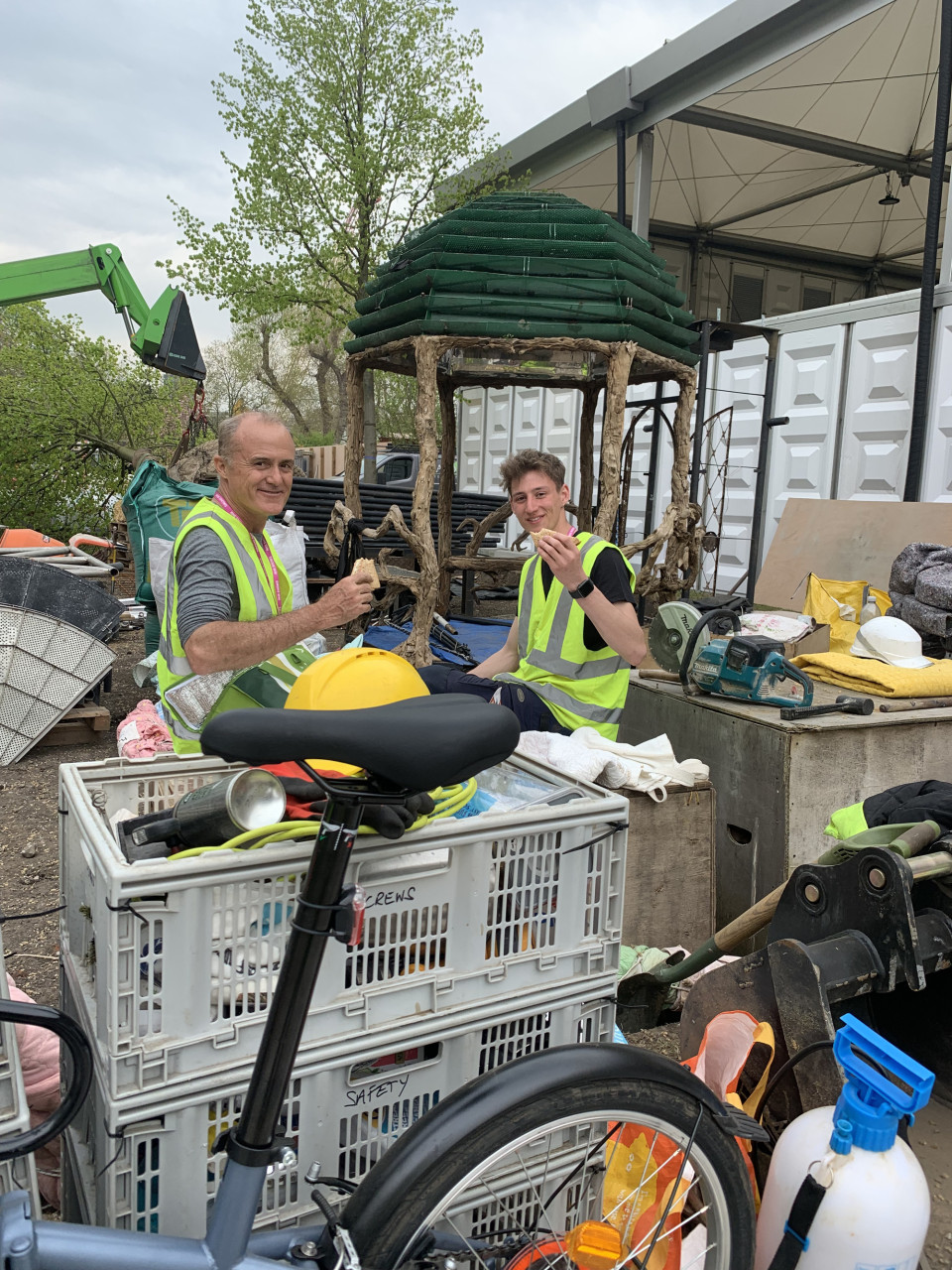 Jim and Edo with crates during setup