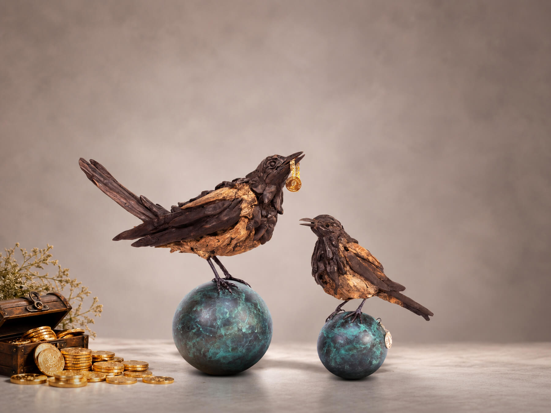 Finders Keeper and Two for Joy – driftwood bird sculptures by James Doran-Webb
