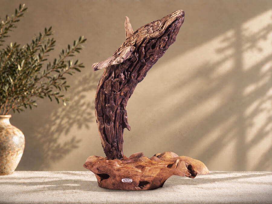 In Pursuit of Harmony – driftwood whale sculpture by James Doran-Webb