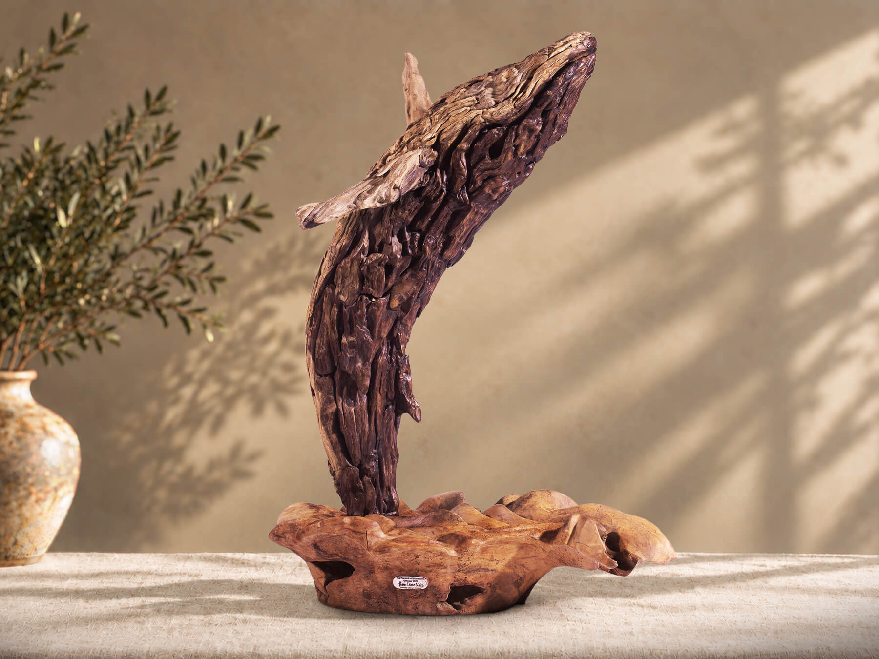 In Pursuit of Harmony – driftwood whale sculpture by James Doran-Webb