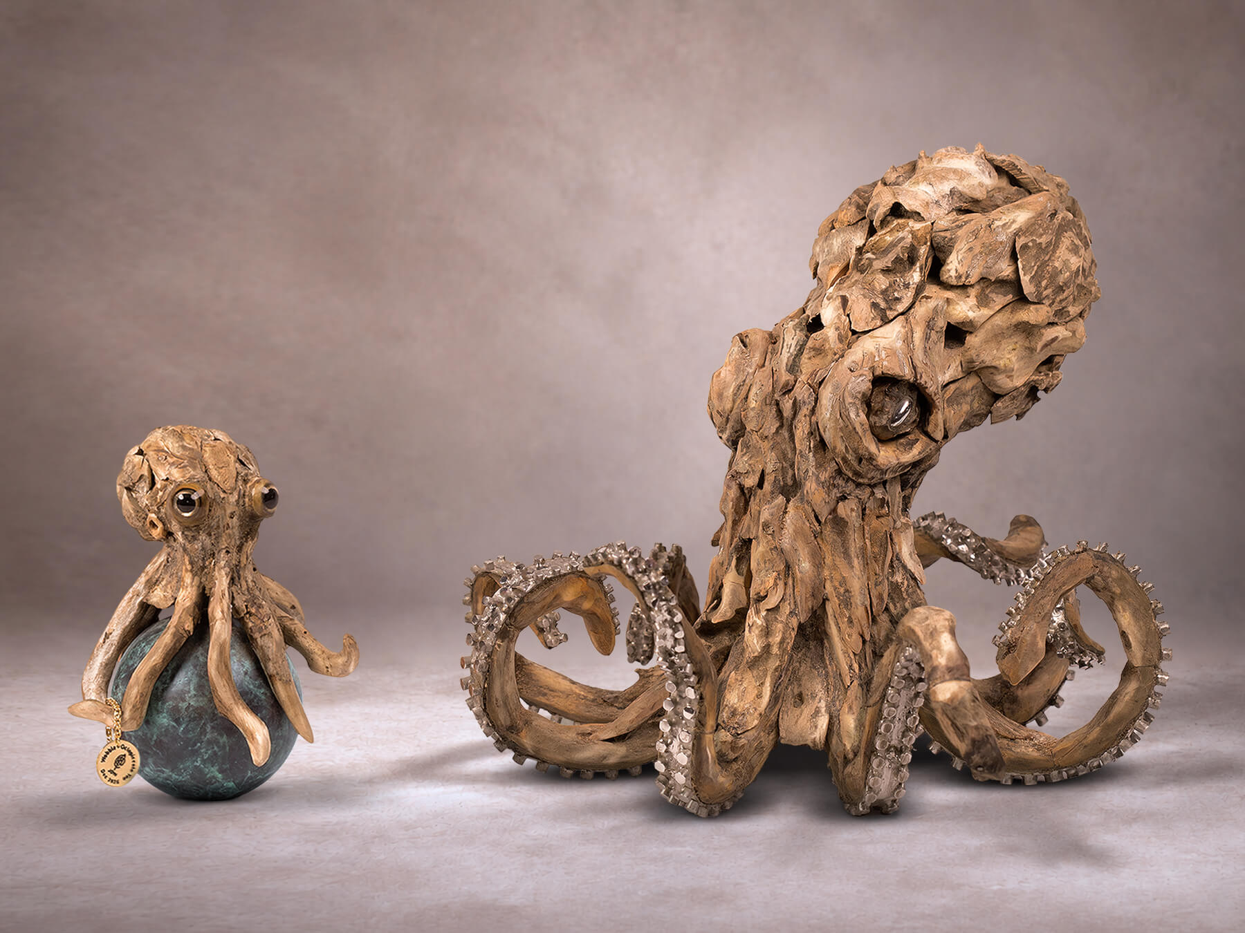 Wobble Octopiccolo (left) and Octopud (right) – driftwood sculptures by James Doran-Webb