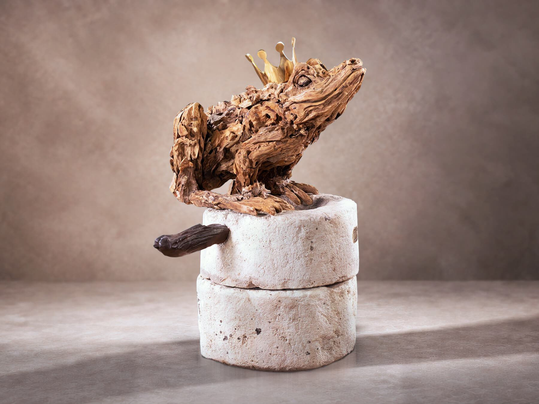 Prince or Millstone – driftwood frog sculpture by James Doran-Webb