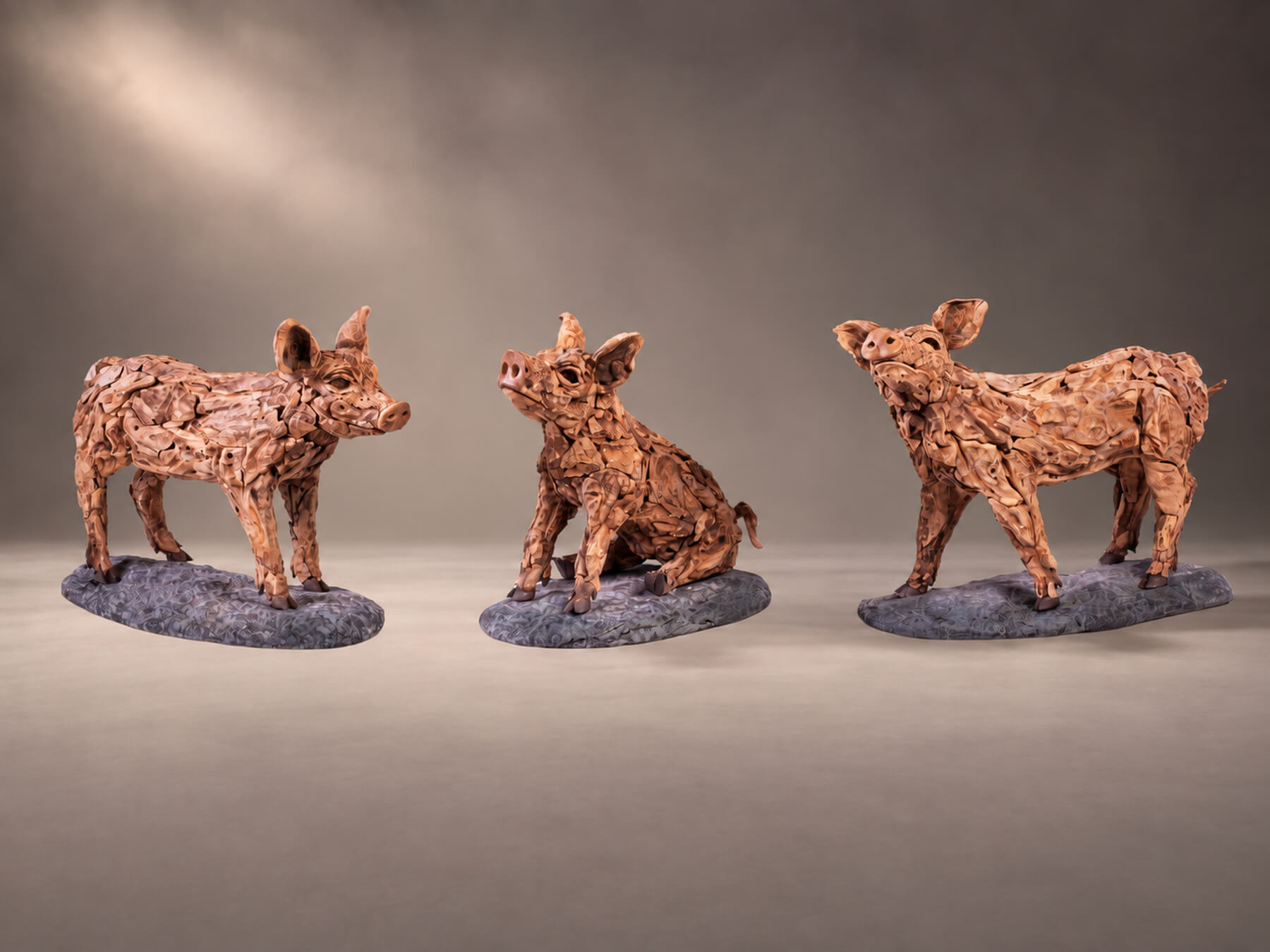 Truffle, Snuffle and Scratch – driftwood piglet sculptures by James Doran-Webb