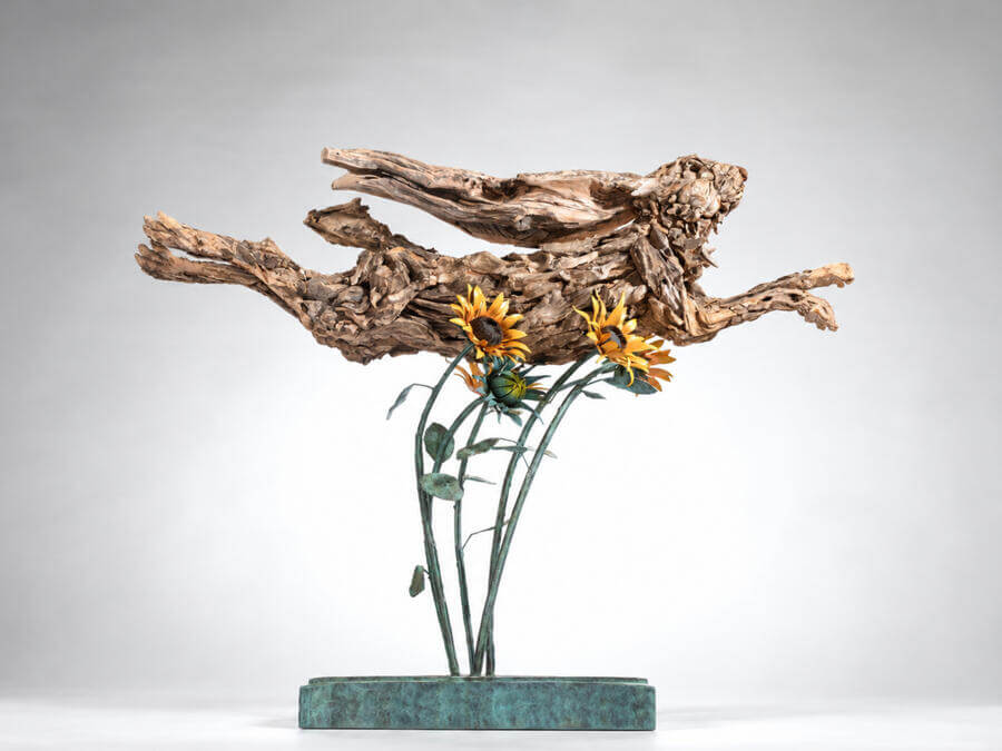 The Sunflower Hare – driftwood hare sculpture by James Doran-Webb