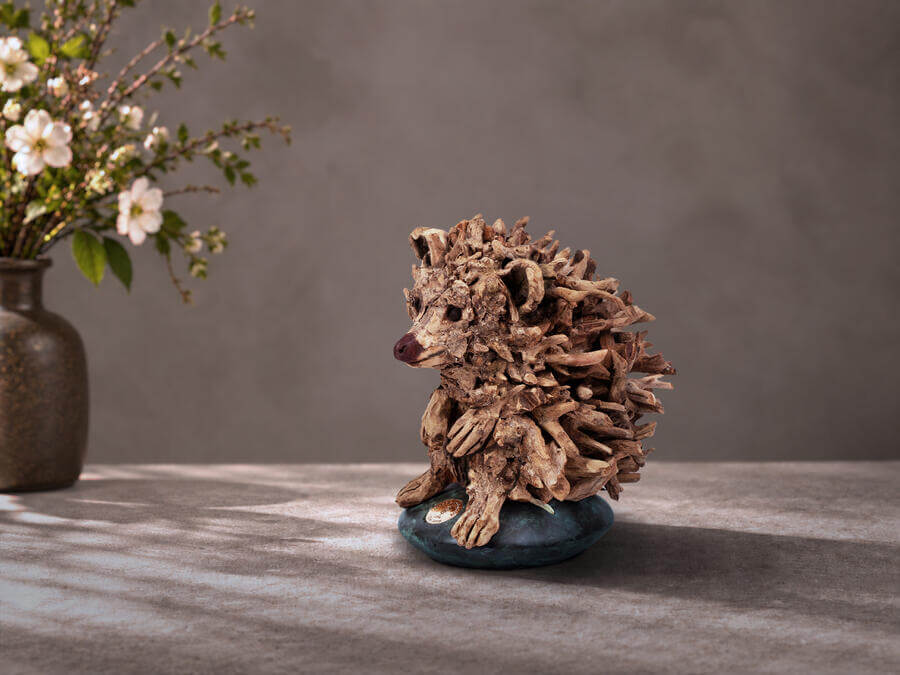 Wobble Hoglet – driftwood hedgehog sculpture by James Doran-Webb