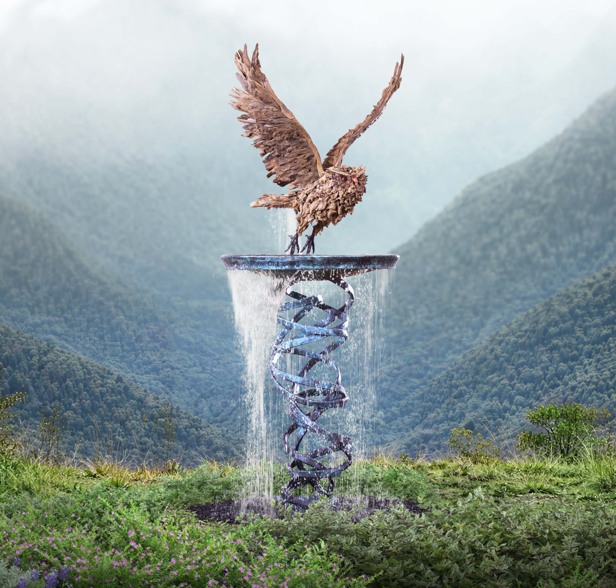 The Flight of the Great Horned Owl – driftwood owl water-feature sculpture by James Doran-Webb