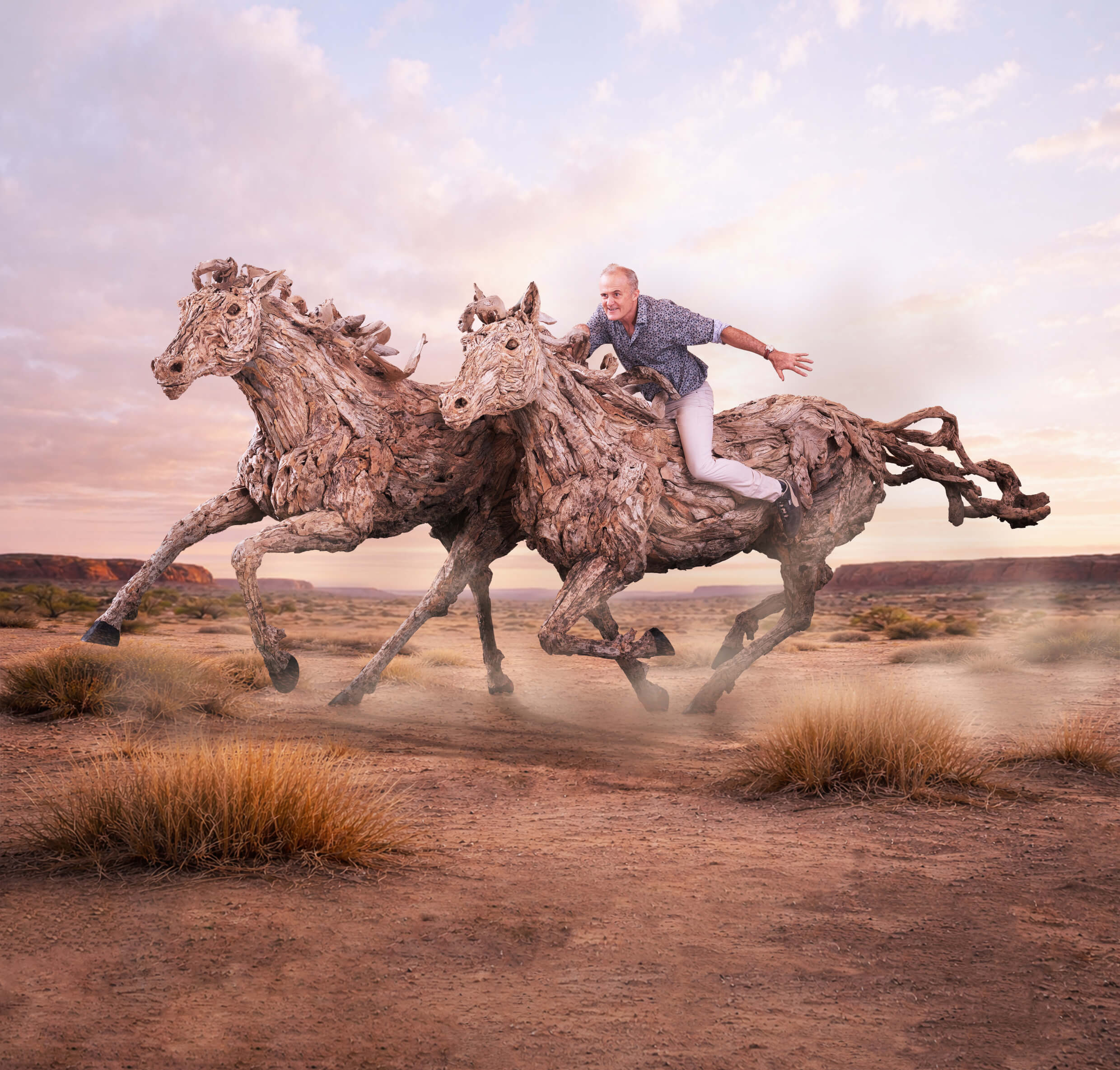 Galloping Horses – Solaris and Mercury driftwood horse sculptures by James Doran-Webb