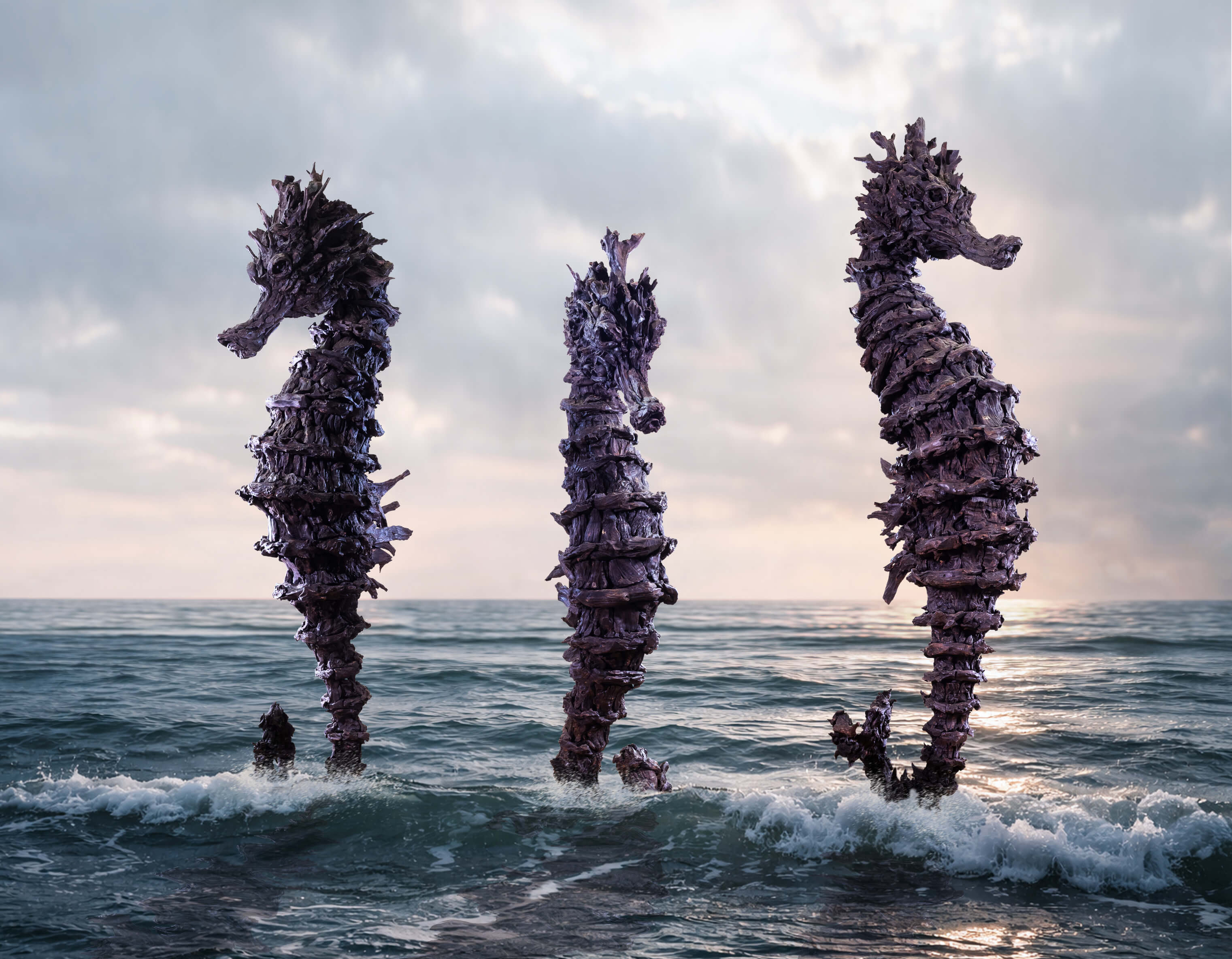 Quiet Journeys – Dame, Juvenile and Sire driftwood seahorse sculptures by James Doran-Webb