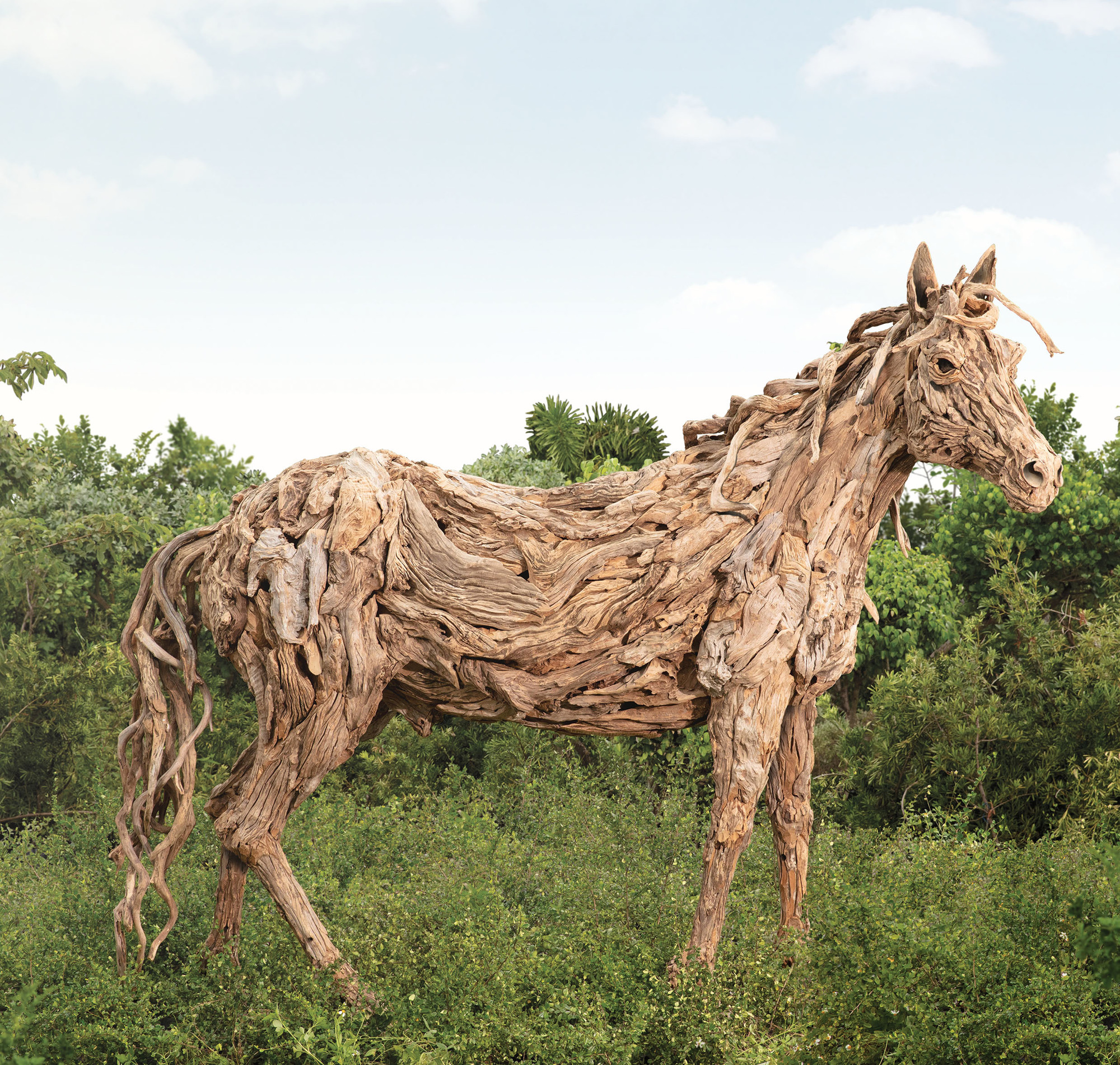 Le Dauphin – driftwood thoroughbred horse sculpture by James Doran-Webb