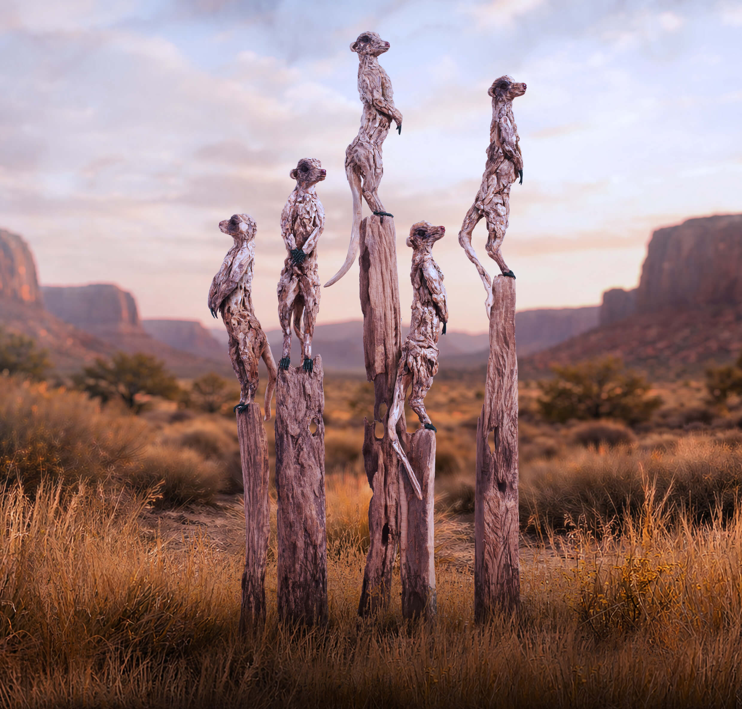 Look Out – individual driftwood meerkat sculptures by James Doran-Webb