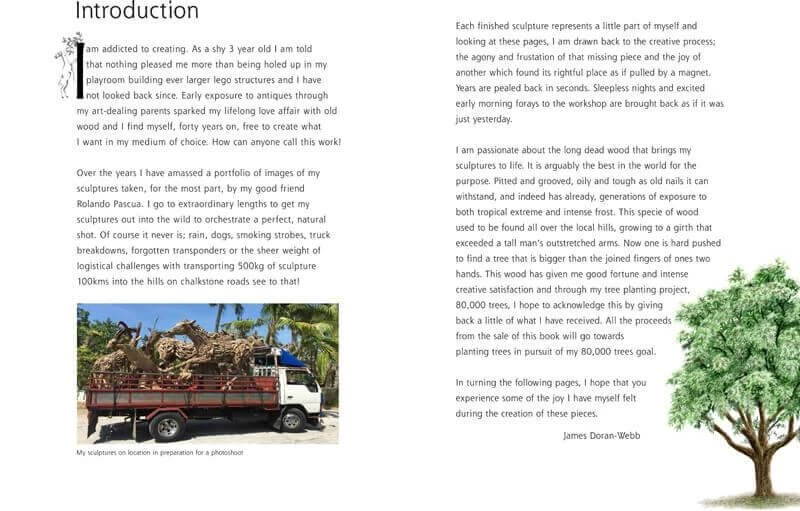 Animalier introduction spread with James Doran-Webb's written introduction and tree-planting imagery