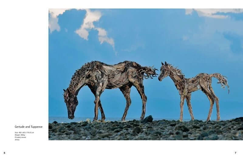 Animalier pages 6 and 7 featuring driftwood horse sculptures Gentude and Tuppence