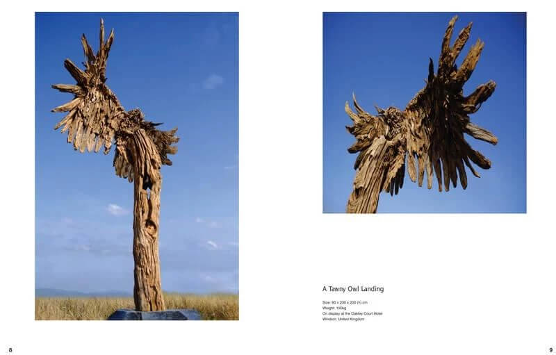 Animalier pages 8 and 9 showing A Tawny Owl Landing driftwood sculpture